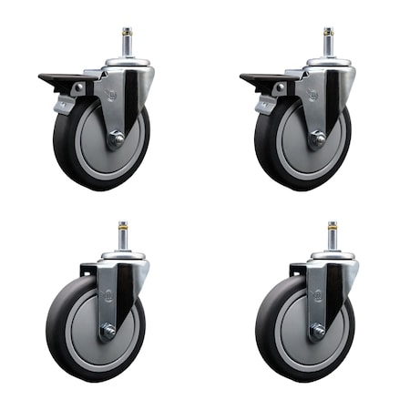 Service Caster 5'' Thermo Rubber Wheel Swivel 7/16'' Grip Ring Stem Caster Set 2 Brake, 4PK SCC-GR20S514-TPRB-PLB-716138-2-S-2